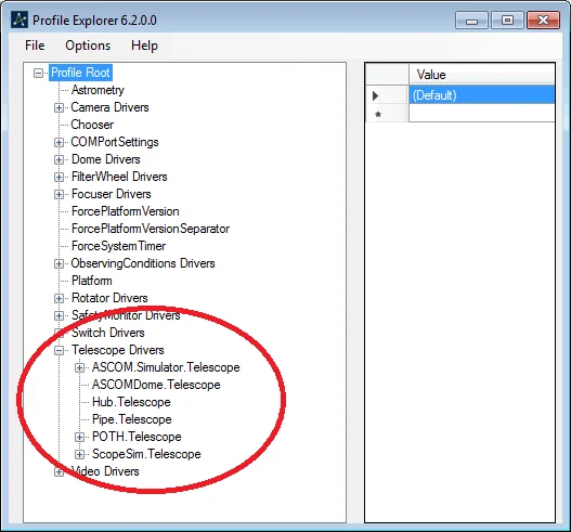 ASCOM Profile Explorer showing telescope drivers