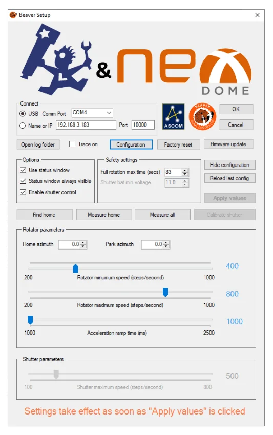 Beaver Setup — Configuration panel with rotation and shutter parameters