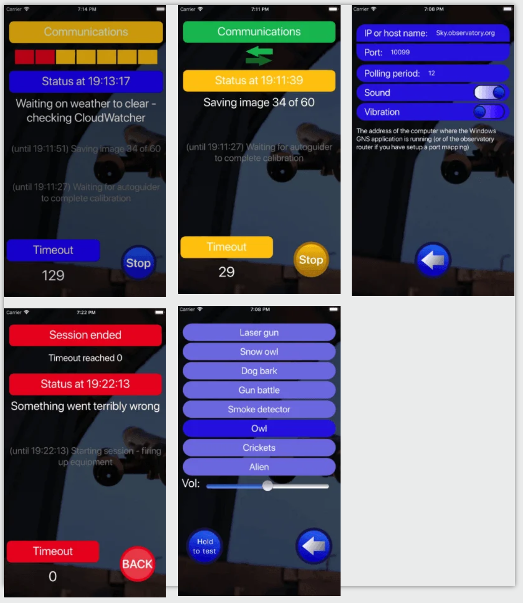 GNS app screenshots: session status, alerts, configuration and sound selection