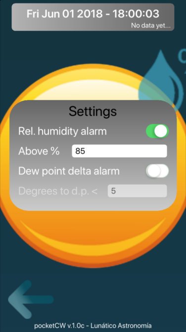 PocketCW app — humidity alarm settings