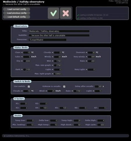 SOLO CloudWatcher — observatory configuration: limits, K factors, heater settings