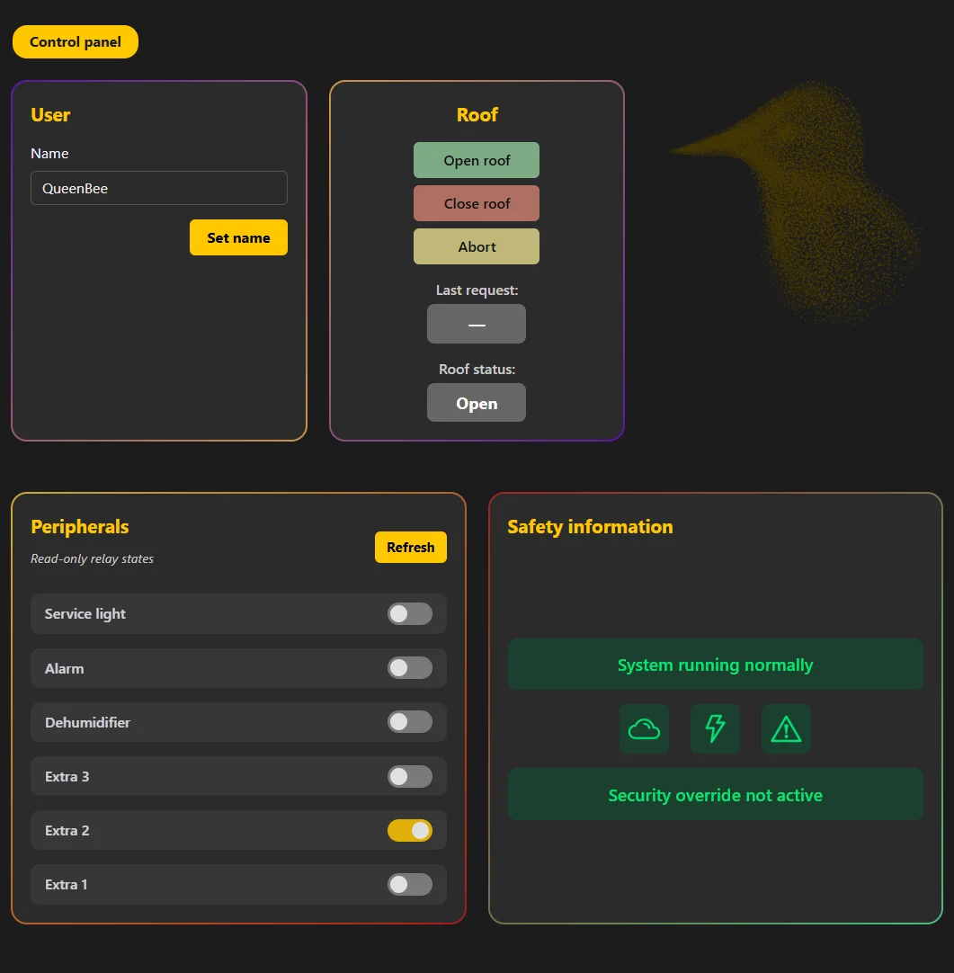 Starling client control panel — User name, Roof control buttons, read-only peripherals and Safety information