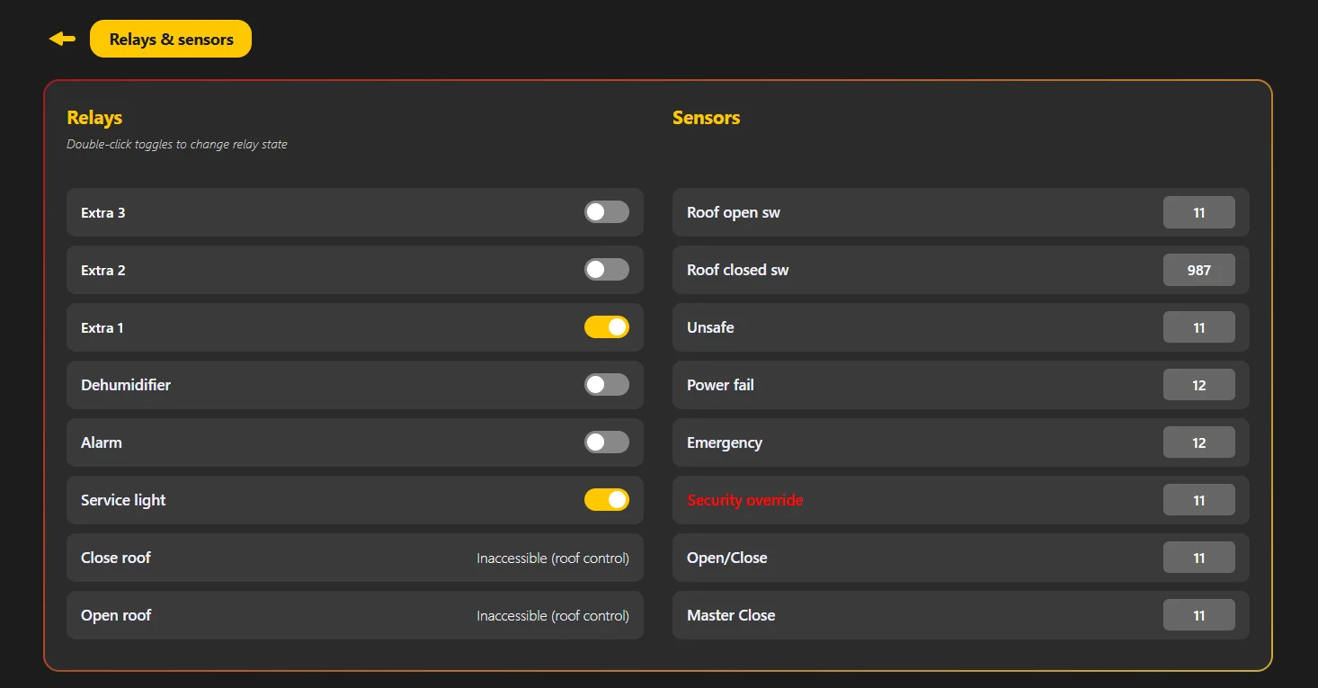 Starling Sentinel relays and sensors — 8 relay toggles and 8 sensor input readings