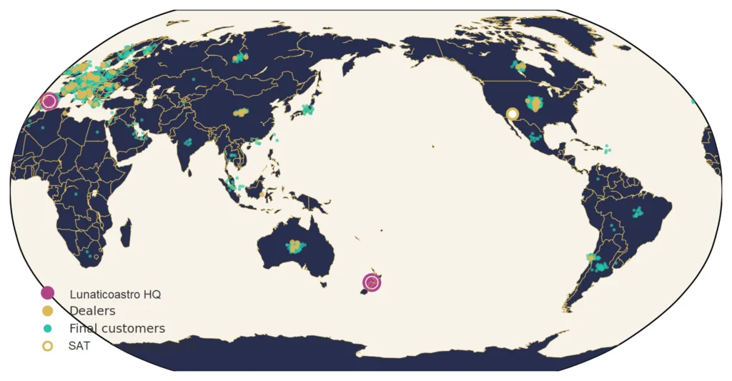 World map centred on New Zealand showing Lunaticoastro&rsquo;s international presence, with customers, dealers and headquarters