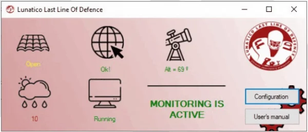 LLLOD main window with monitoring active — shutter open, internet OK, telescope altitude 69°, rain sensor 10, software running