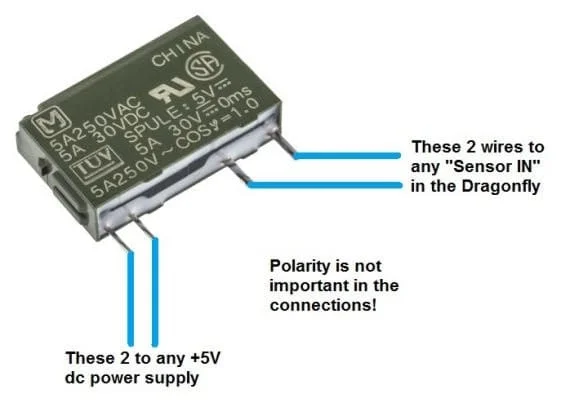 5V DC mechanical relay: two pins wired to any Sensor IN on the DragonFly, the other two to a +5V DC power supply; polarity is not important