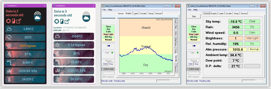 CloudWatcher software screenshots — mobile app and desktop AAG CloudWatcher Remote