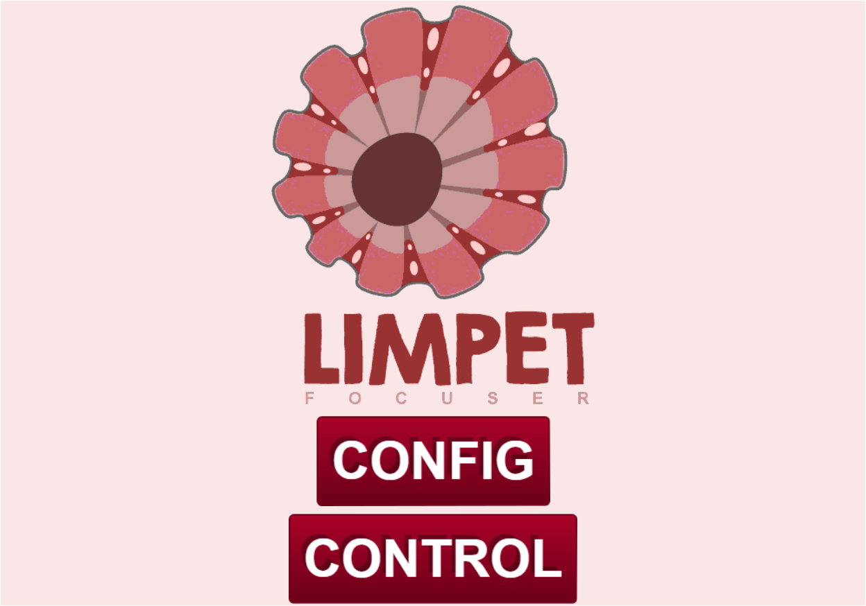Limpet web interface home screen — the Limpet focuser mascot with CONFIG and CONTROL navigation buttons
