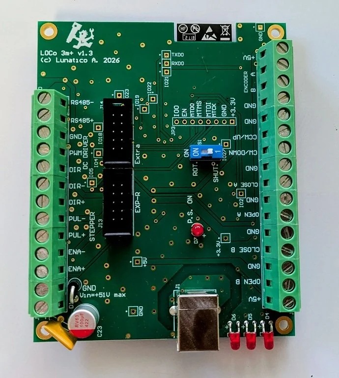 The Caterpillar LOCo board, silkscreened LOCo 3m+ v1.3, with terminal blocks for RS485, the stepper and DC driver signals, encoder, and the open and close outputs