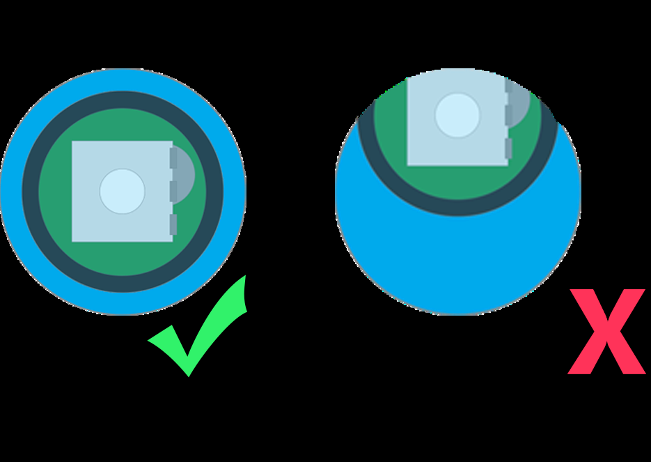 Correct (checkmark) vs incorrect (cross) centring of the light sensor within the lid's window