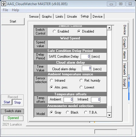 CloudWatcher Data Display on Windows showing pressure sensor temperature reading
