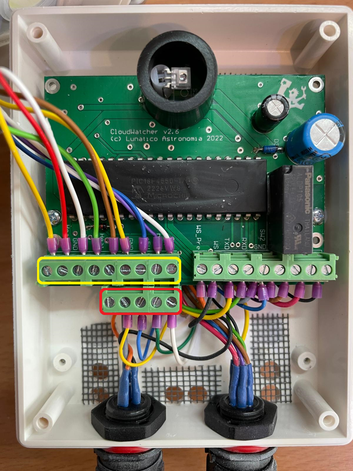 CloudWatcher PCB with each red terminal matched to a corresponding yellow terminal