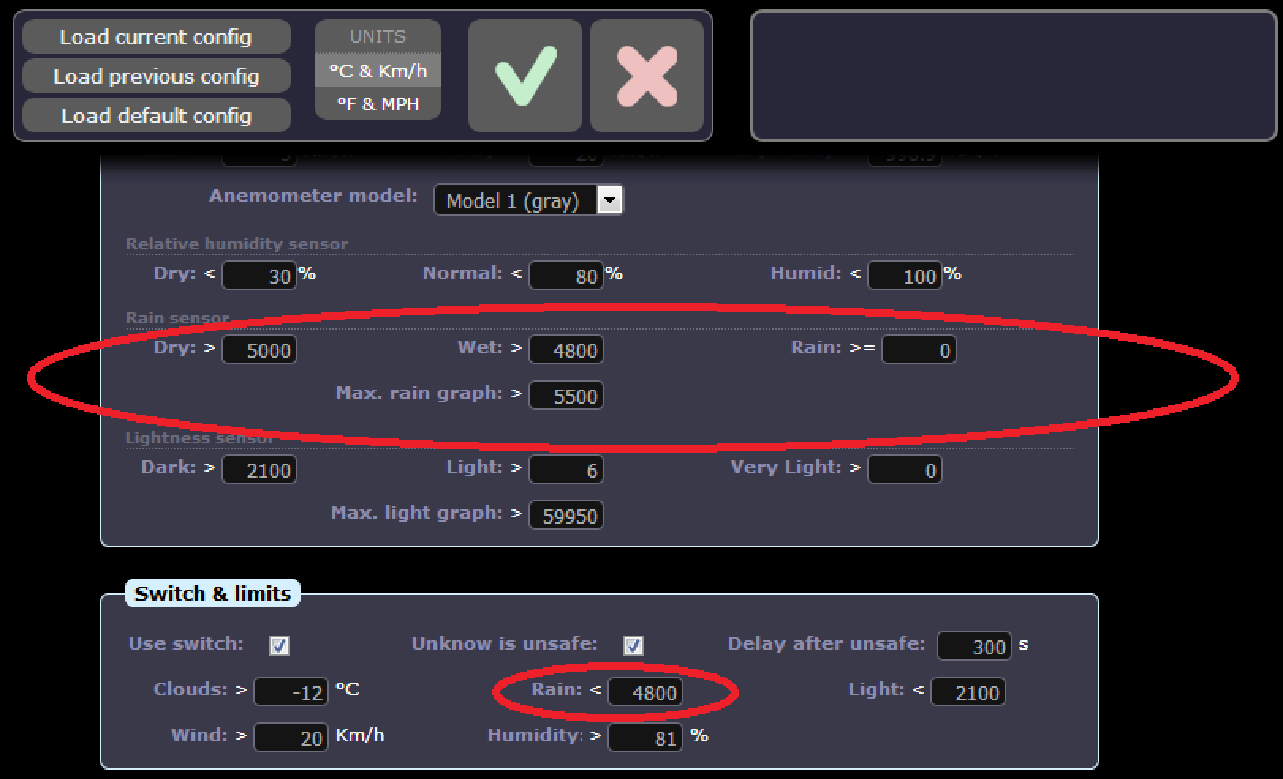 SOLO configuration page, with the Rain sensor Dry, Wet and Rain fields circled in red