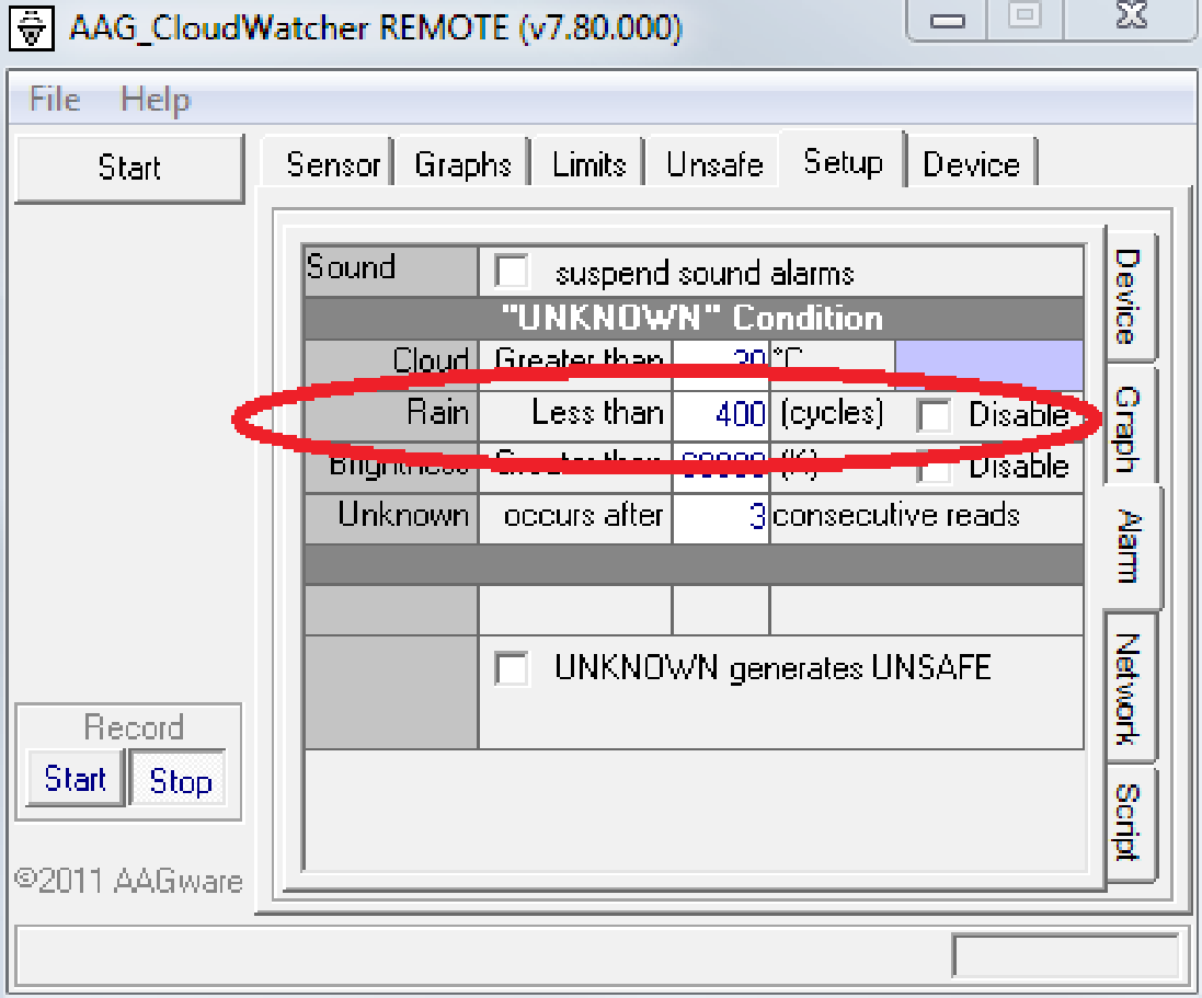 Windows software Setup tab, Alarm section, with the UNKNOWN Condition Rain threshold circled in red