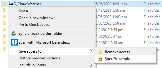 Windows Explorer right-click menu on the AAG_CloudWatcher folder, with Give access to > Specific people highlighted