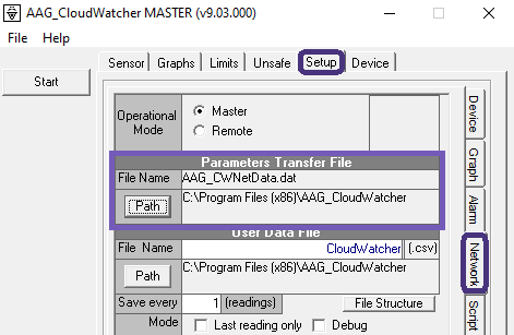 Setup tab, Network section, with the Parameters Transfer File name and path fields highlighted