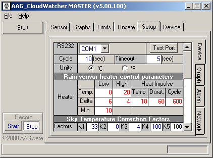 Setup tab, Device section: RS232 port and cycle/timeout, units, rain sensor heater control parameters, and Sky Temperature Correction Factors K1-K5