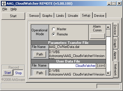 Setup tab, Network section: Master/Remote operational mode, Parameters Transfer File AAG_CWNetData.dat, User Data File and path buttons