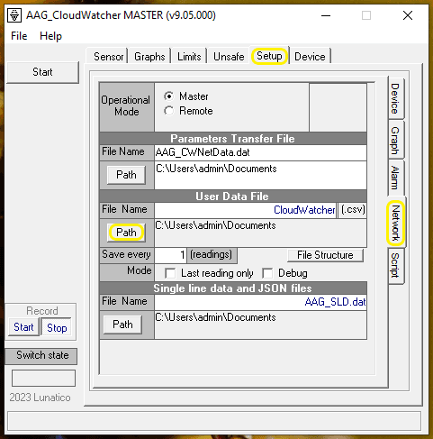 CloudWatcher software settings, showing where the path for the aag_dat.json file is chosen
