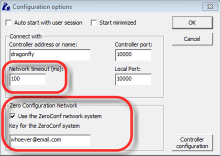 The client Configuration options dialog with the controller name set to dragonfly, the network timeout circled, and the Zero Configuration Network group circled showing the checkbox ticked and an email address as the key.