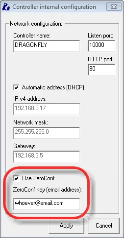 The Controller internal configuration dialog. Network configuration with the controller name, listen and HTTP ports, DHCP and addresses. At the bottom, circled in red, the Use ZeroConf checkbox and the ZeroConf key (email address) field.