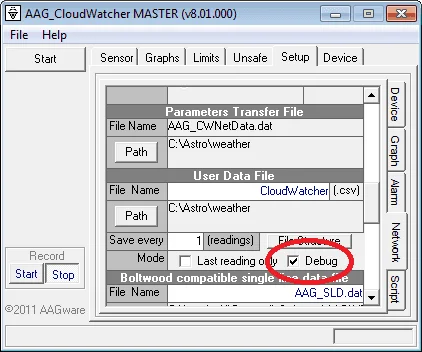 AAG CloudWatcher Setup tab with the Debug option for the user data file