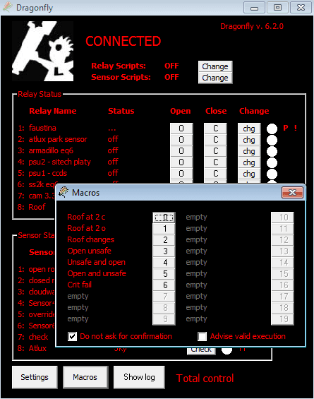 DragonFly software main window with the Macros dialog open, listing the stored macros