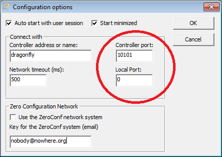 The client software's Configuration options dialog, with Controller port set to 10101 and Local Port set to 0, both circled