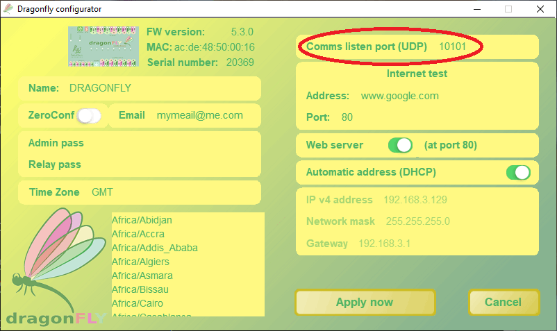 The DragonFly Configurator window, with the Comms listen port (UDP) field circled and set to 10101