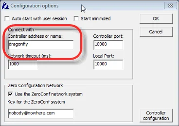 DragonFly client software Configuration options dialog, with the Connect with controller address or name field highlighted