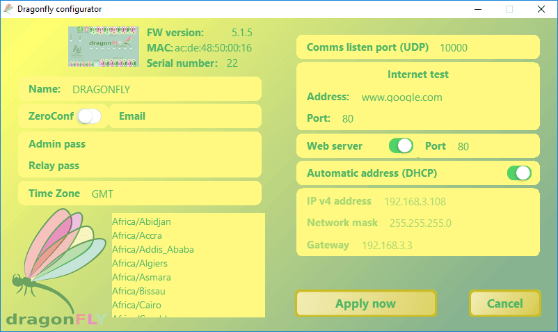 DragonFly Configurator general configuration screen
