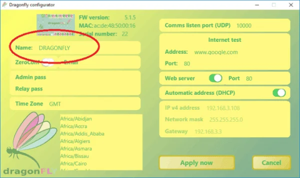 DragonFly Configurator general configuration, with the Name field highlighted