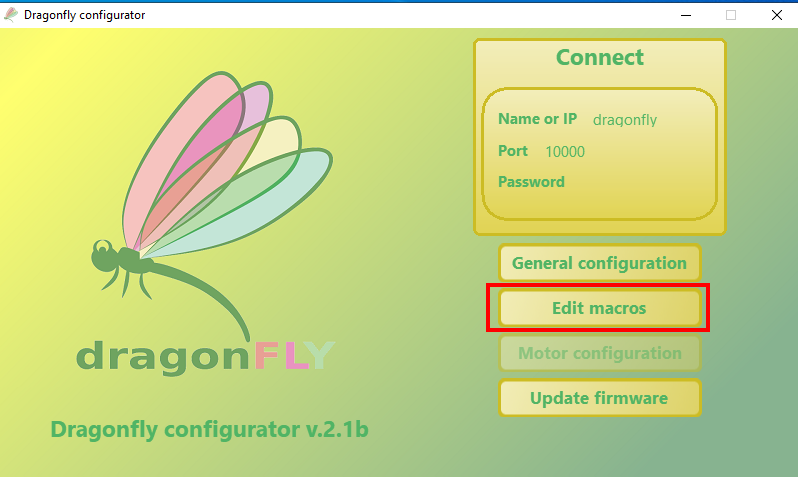 Dragonfly Configurator main screen with the Edit macros button highlighted