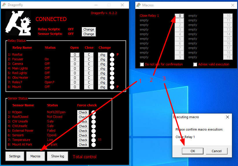 Dragonfly application Macros window, with a macro selected and the execution confirmation dialog open