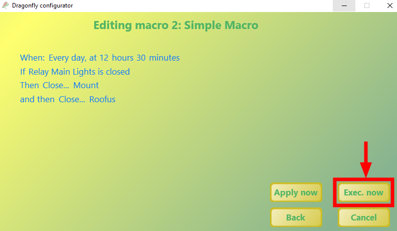 Editing macro screen with the Exec. now button highlighted for testing
