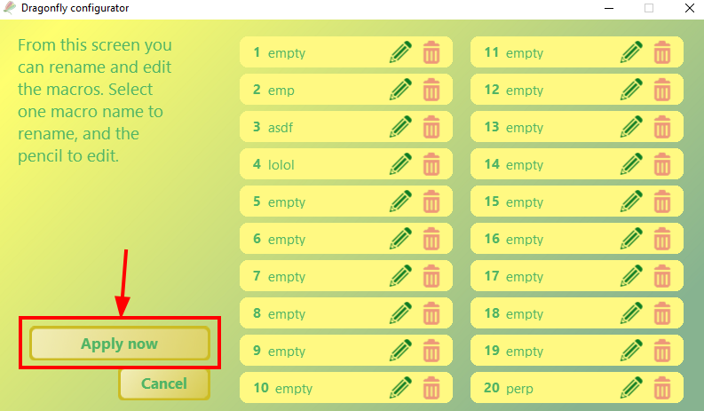 List of macros screen with the second Apply now button highlighted