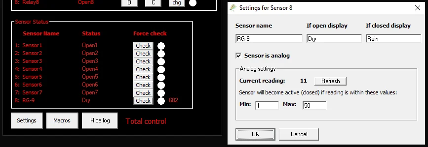 DragonFly software—sensor configuration