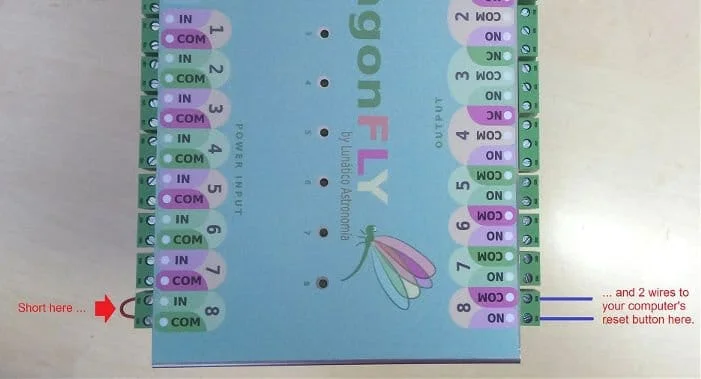 DragonFly board showing a short across sensor input 8 and two wires from relay output 8 to the computer's reset button
