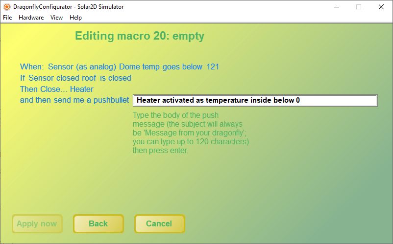 DragonFly Configurator editing a macro that closes the heater relay when the analogue dome temperature sensor drops below a threshold