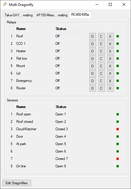 The Multi Dragonfly application window, with a tab per controller and the relay and sensor lists