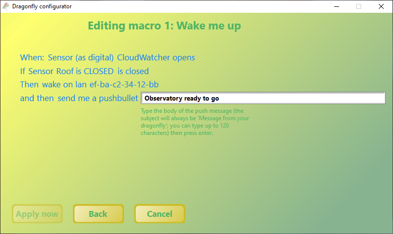 DragonFly Configurator editing macro 1, Wake me up: when the CloudWatcher sensor opens and the roof is closed, wake on LAN and send a push message