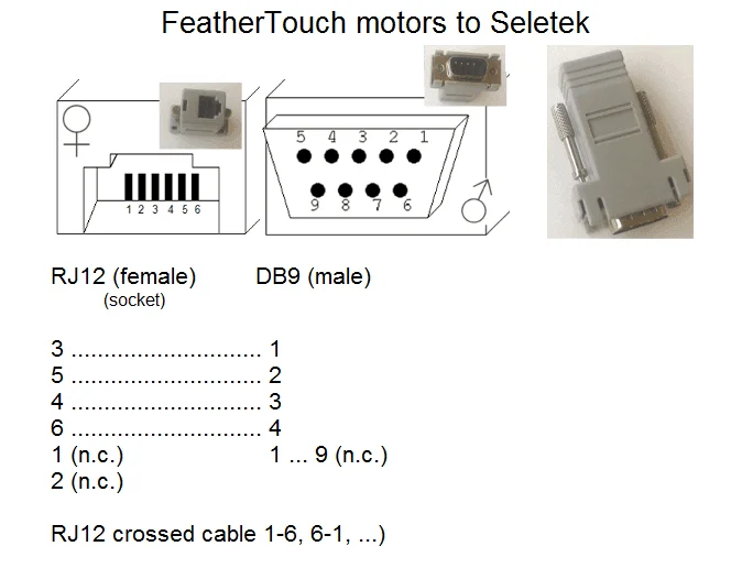 FeatherTouch motor RJ12 connector to Seletek DB9 pinout diagram