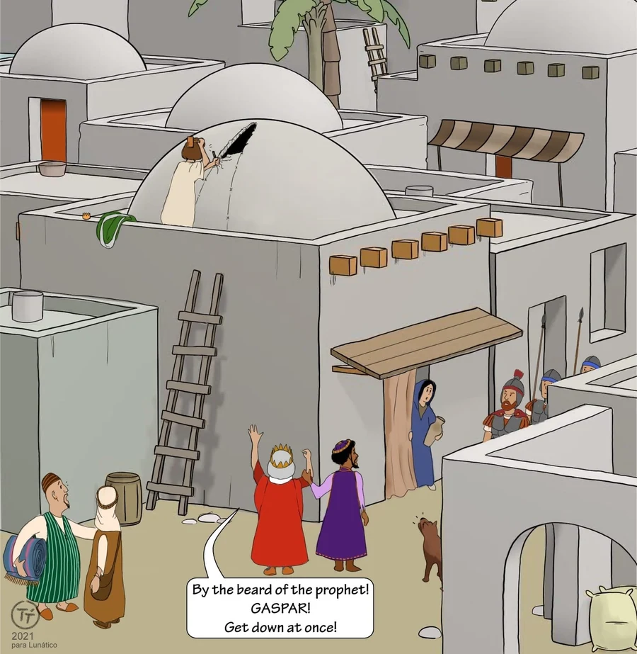 Cartoon of an ancient town: a man on a domed roof is cutting a slit in it with a chisel while two kings shout up at him from the street below