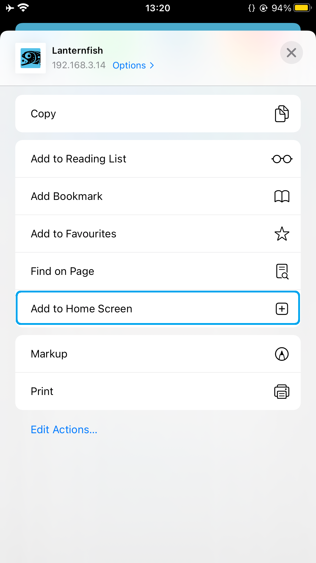 Add to Home Screen option highlighted in the share menu