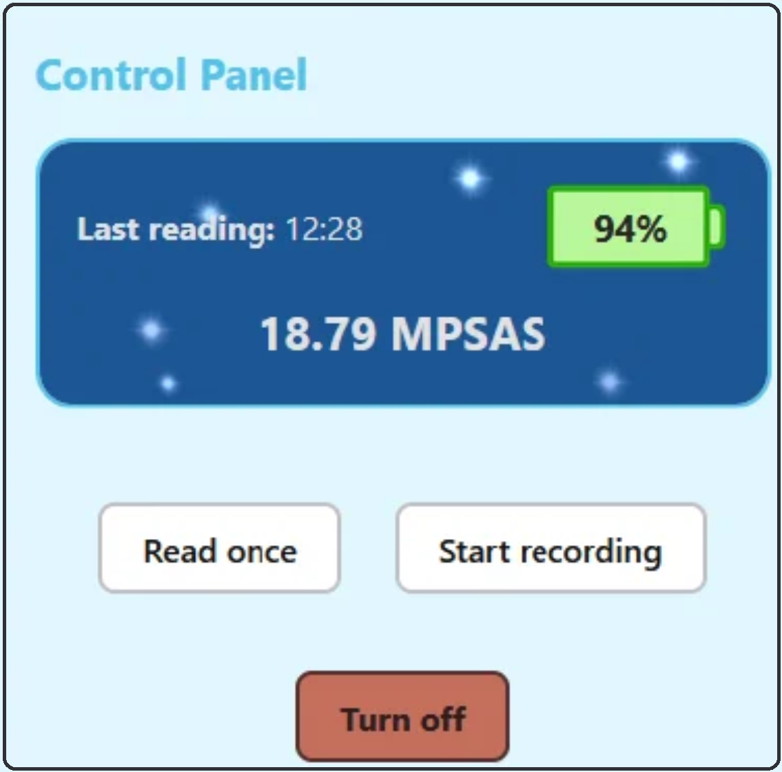 Control Panel showing the last reading, battery percentage, current MPSAS value, and Read once / Start recording / Turn off buttons
