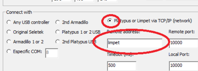 Configuration options window with Platypus or Limpet via TCP/IP (network) selected, remote address limpet, port 10000