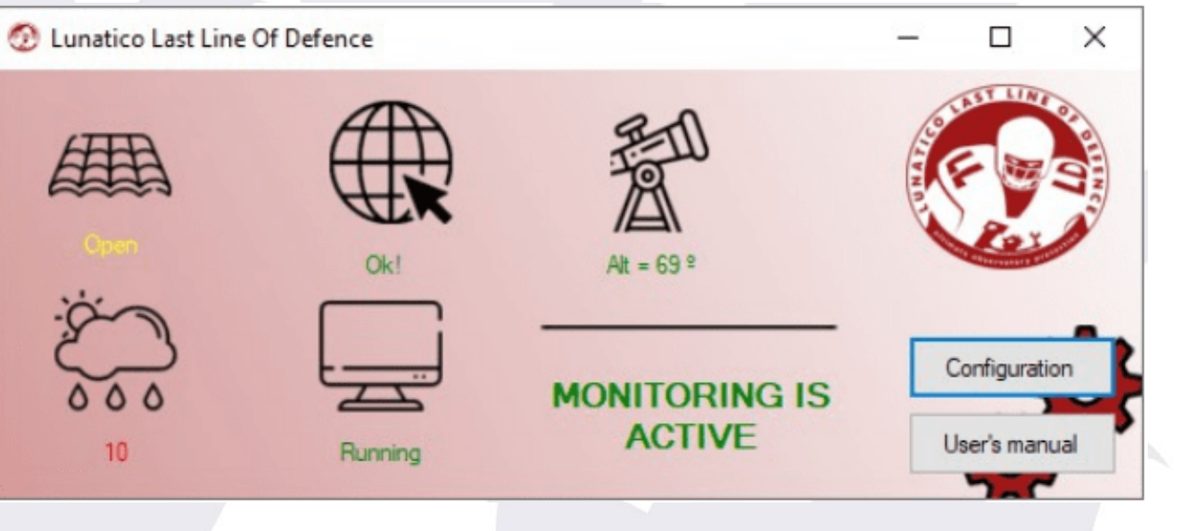 LLLOD main window: roof (Open), internet (Ok!), mount altitude (Alt = 69º), weather (10), a running program (Running), Monitoring is Active, and Configuration/User's manual buttons