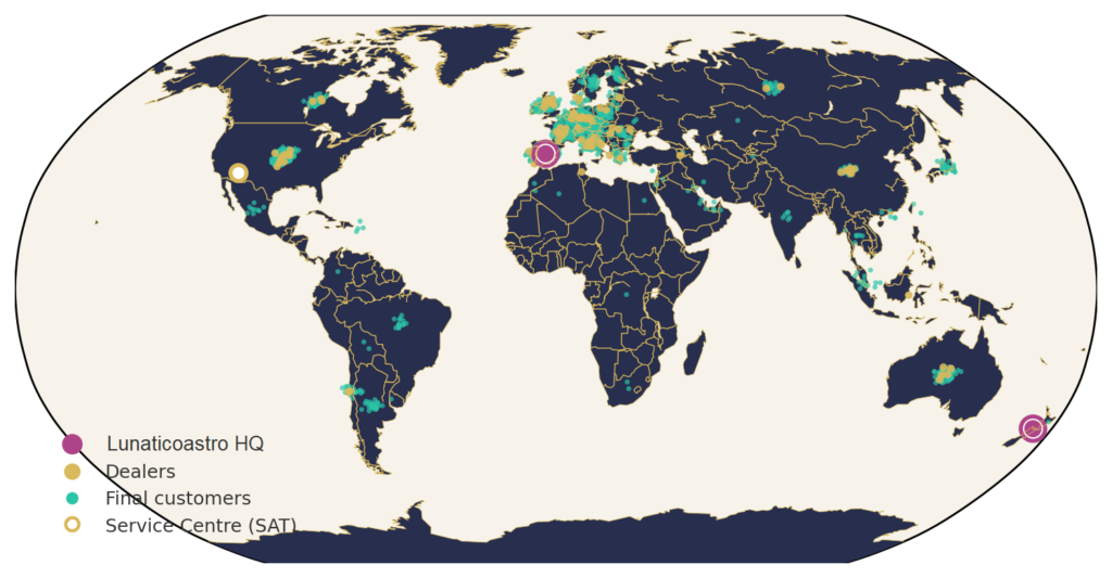 World map showing Lunaticoastro's global presence, including customers, dealers, and headquarters in Spain and New Zealand.