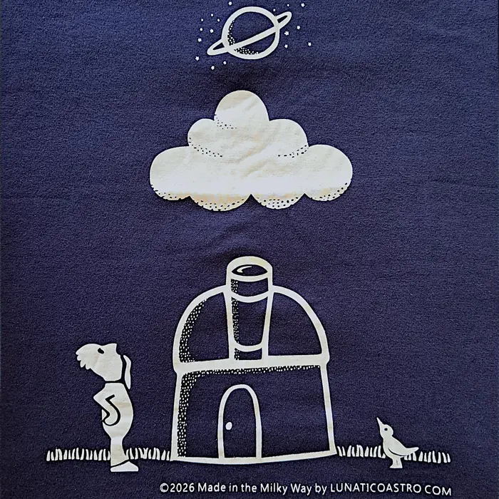 Close-up of the 20th anniversary design printed on the T-shirt: an observatory, a cloud and Cristobal