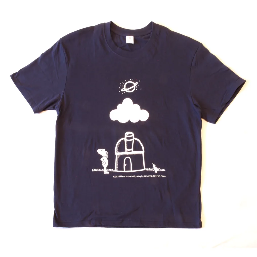 Lunaticoastro 20th anniversary T-shirt, navy, with the printed observatory design